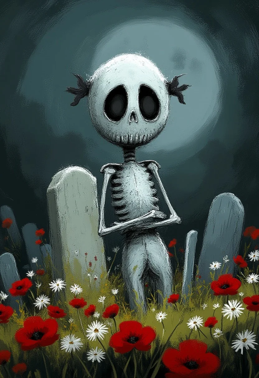 A whimsical illustration of an elongated skeleton with a disproportionately huge skull in dark whimsical art style, lounging against a crooked tombstone, surrounded by red poppies and white daisies growing from graves, digital painting with textured brushstrokes showing weathered bone detail, foggy moonlit cemetery background, characteristic Tim Burton inspired design with deep hollow eye sockets that somehow still manage to look curious
