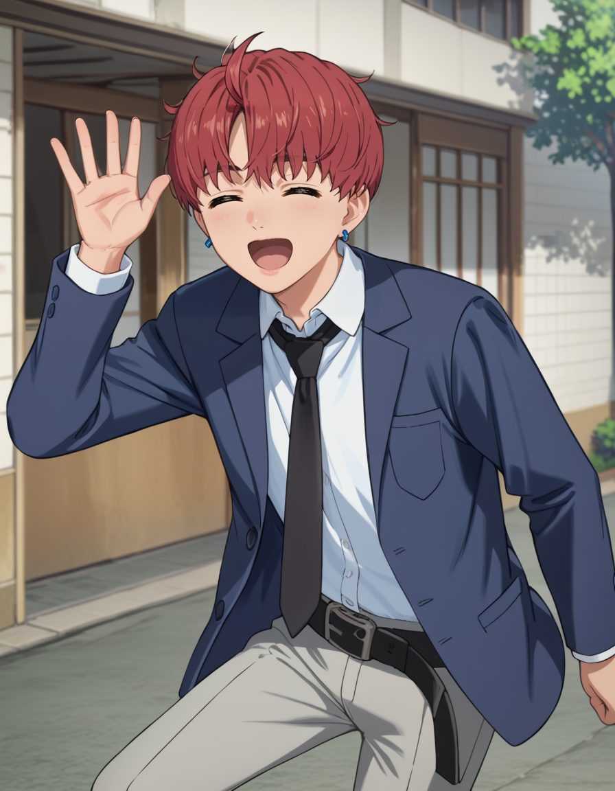 score_9, score_8_up, score_7_up, source_anime, high res image, masterpiece, best quality, BREAK
1boy, solo, pointing at another, blurry background,
jin enjoji (dandadan s1), short hair, red hair, brown eyes, earrings, 
school uniform, blue blazer, white collared shirt, black necktie, long sleeves, belt, gray pants
happy, closed eyes, waving, open mouth,
<lora:jin_enjoji-dandadan_s1_v2-anime-soralz:1>