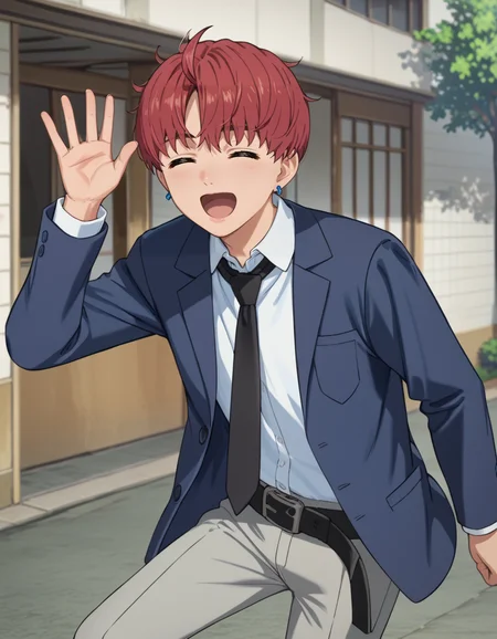 score_9, score_8_up, score_7_up, source_anime, high res image, masterpiece, best quality, BREAK
1boy, solo, pointing at another, blurry background,
jin enjoji (dandadan s1), short hair, red hair, brown eyes, earrings,
school uniform, blue blazer, white collared shirt, black necktie, long sleeves, belt, gray pants
happy, closed eyes, waving, open mouth,
<lora:jin_enjoji-dandadan_s1_v2-anime-soralz:1>
