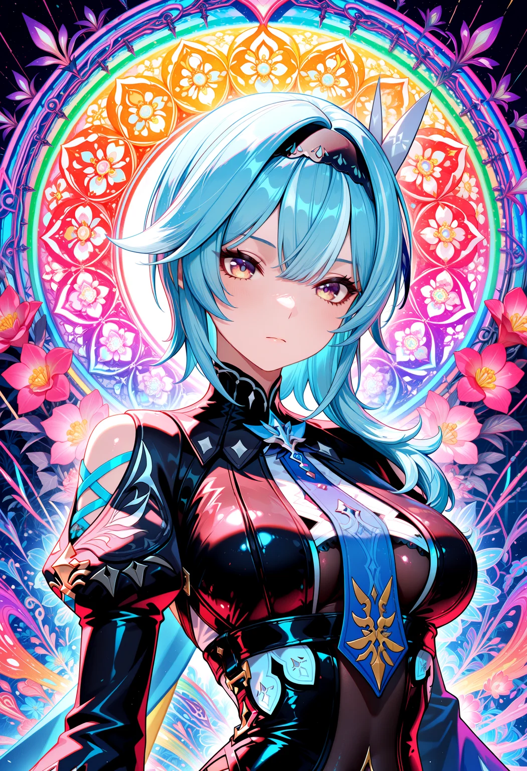 lazympos, newest, absurdres, highres,
eula \(genshin impact\), asymmetrical, off-center, intricate colorful neon rainbow neon fluorescent colors and vanta black. Orange, yellow, green, pink, red, blue, purple, gothic art, neon blacklight color scheme, multicolored art, shiny colors, beautiful female android, blue image, antialiased, living flora, colorful, HDR, 3D Masterpiece, Perfect Composition Epic cinematic brilliant stunning intricate meticulously detailed dramatic atmospheric darkness, intricately stylized vector design, line work, flourishes, patterns,