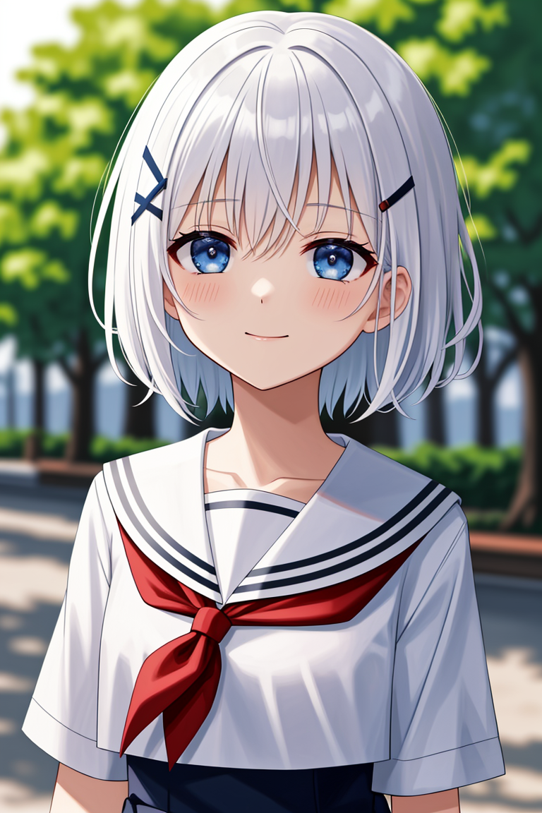 outdoors, detailed background, city, closeup, portrait, detailed eyes, masterpiece, high quality, highres, best quality, slight smile, blush, extreme closeup, 
 <lora:SiestaV1.0-000001:0.9> siesta diad, 1girl, short hair, white hair, x hair ornament, blue eyes, neckerchief, serafuku, bangs, red bow, white shirt, skirt, <lora:LCM_LoRA_Weights_SD15:1>