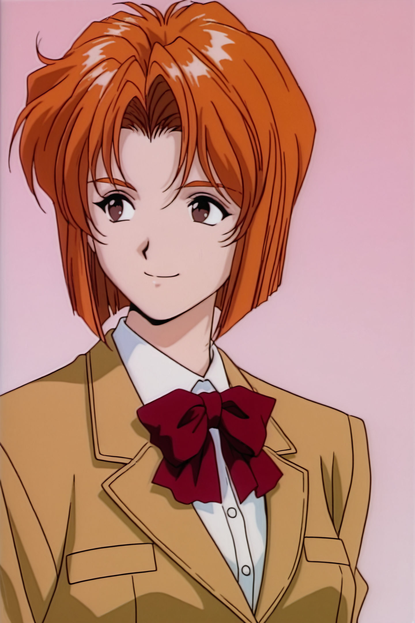 solo,1girl,brown eyes,jacket,school uniform,short hair,smile,bow,orange hair,bowtie,closed mouth,1990s \(style\),
<lora:Golden Boy_illustriousXL:1>,