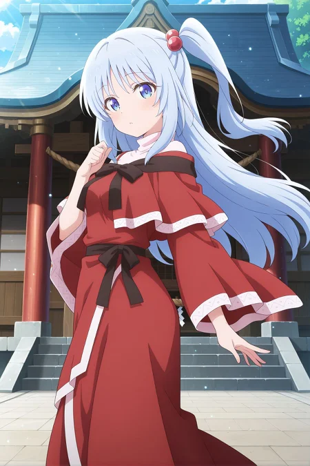 absurdres, highres, masterpiece, best quality, amazing quality, official anime artwork, screencap, anime screencap, outdoors, looking at viewer, dynamic pose, standing,
<lora:Shinki_Illustrious:1> shinki, 1girl, solo, blue eyes, white hair, long hair, high side ponytail, small breasts, hair bobbles, black ribbon, red capelet, red dress, wide sleeves,
shrine, day,