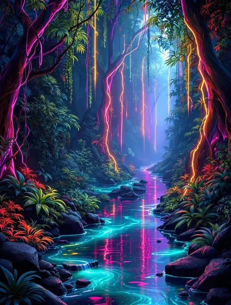 An abstract jungle with neon vines and flowing brushstroke rivers, ambient surreal lighting