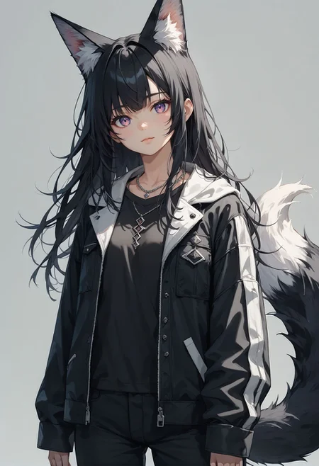 score_9, score_8_up, score_7_up, best quapoty, highres, absurdres, source_anime, 1girl, nemu, tail, <lora:Nemu_One_Of_My_AI_Dungeon:0.8>, jewelry, sleeves past wrists, necklace, looking at viewer, head tilt, long sleeves, simple background, jacket, pants, bangs, cowboy shot, grey background, on stomach