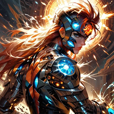 score_9, score_8_up, score_7_up, source_cartoon, graphic novel illustration, cinematic framing, strength, beauty, tech superhero, superhero woman, 19 years old, slender, orange and blue knight, summer blue eyes, bright red hair, long hair, smoldering expression, intense, serious, wearing modified medieval armor with tech elements, mechanical parts, glowing LEDs, many duplicates of herself, twins, quadruplets, octuplets, army of duplicates, orange and blue armor with black accents, wielding Excalibur, protecting others using a medieval round shield made of energy, toned figure, tanned skin, sun shining brightly down upon the battle scene, glistening metal, extreme detail, breathtaking sense of depth. energy and motion, water splashes and droplets, captures the essence of her powerful strokes, masterpiece, epiCPhoto, round breasts, Expressiveh, SkinHairDetail, dark samus