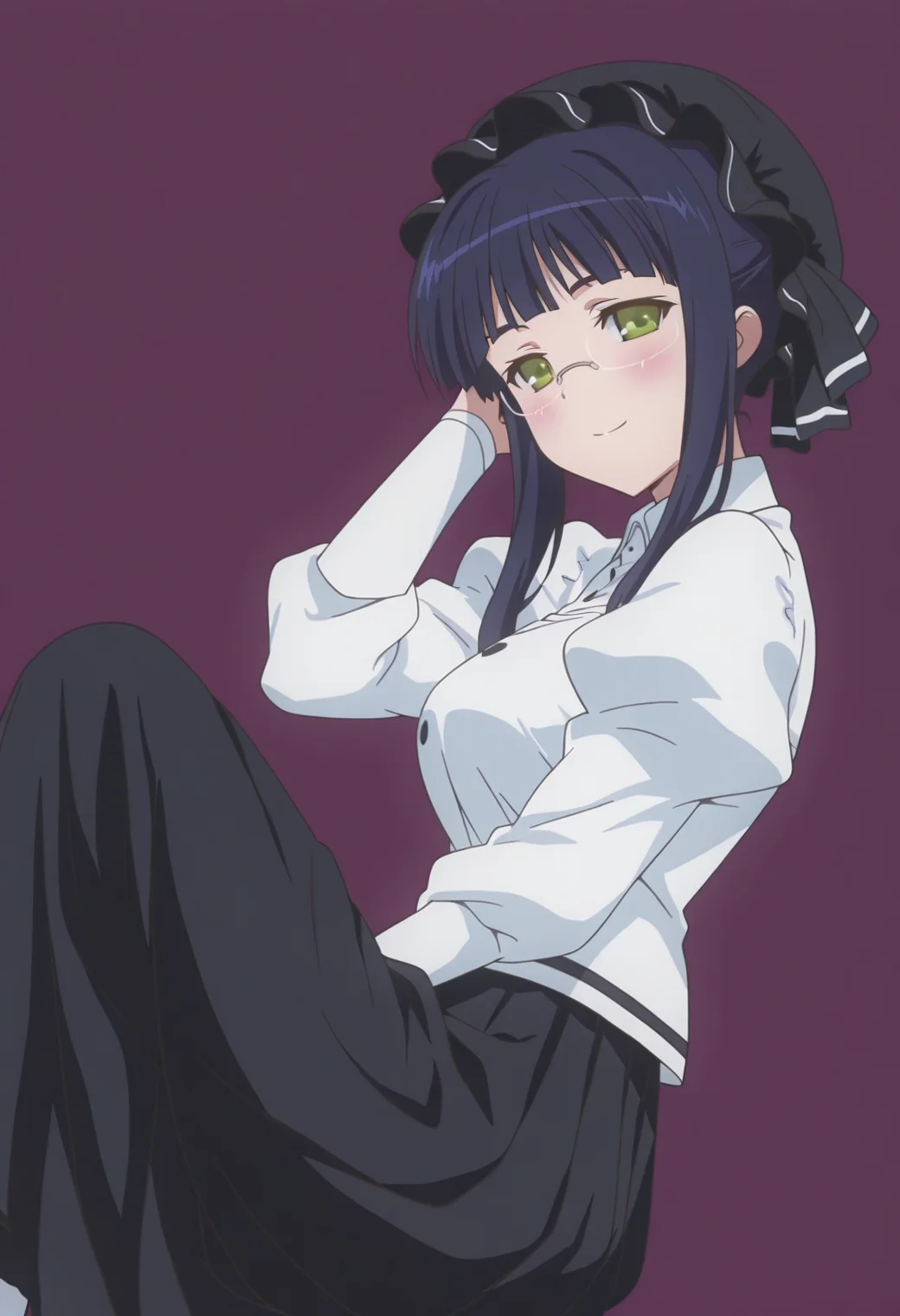 anime screencap, anime coloring, <lora:DX888Mikan:1> mikan, green eyes, black hair, sidelocks BREAK simple background, purple background, BREAK mob cap, glasses, white shirt, puffy sleeves, black skirt, long skirt, BREAK 1girl, smile, blush, closed mouth, feet out of frame, from side, hand in own hair, hand up, knee up, looking at viewer, lying, on back, solo, from side,,