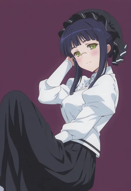 anime screencap, anime coloring, <lora:DX888Mikan:1> mikan, green eyes, black hair, sidelocks BREAK simple background, purple background, BREAK mob cap, glasses, white shirt, puffy sleeves, black skirt, long skirt, BREAK 1girl, smile, blush, closed mouth, feet out of frame, from side, hand in own hair, hand up, knee up, looking at viewer, lying, on back, solo, from side,,
