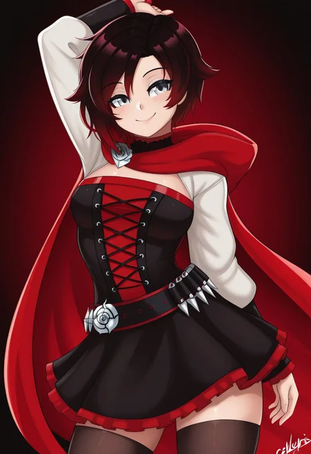 Masterpiece, Best Quality, High Detail, CSLucarisStyle, Ruby Rose, posing, happy, smile,