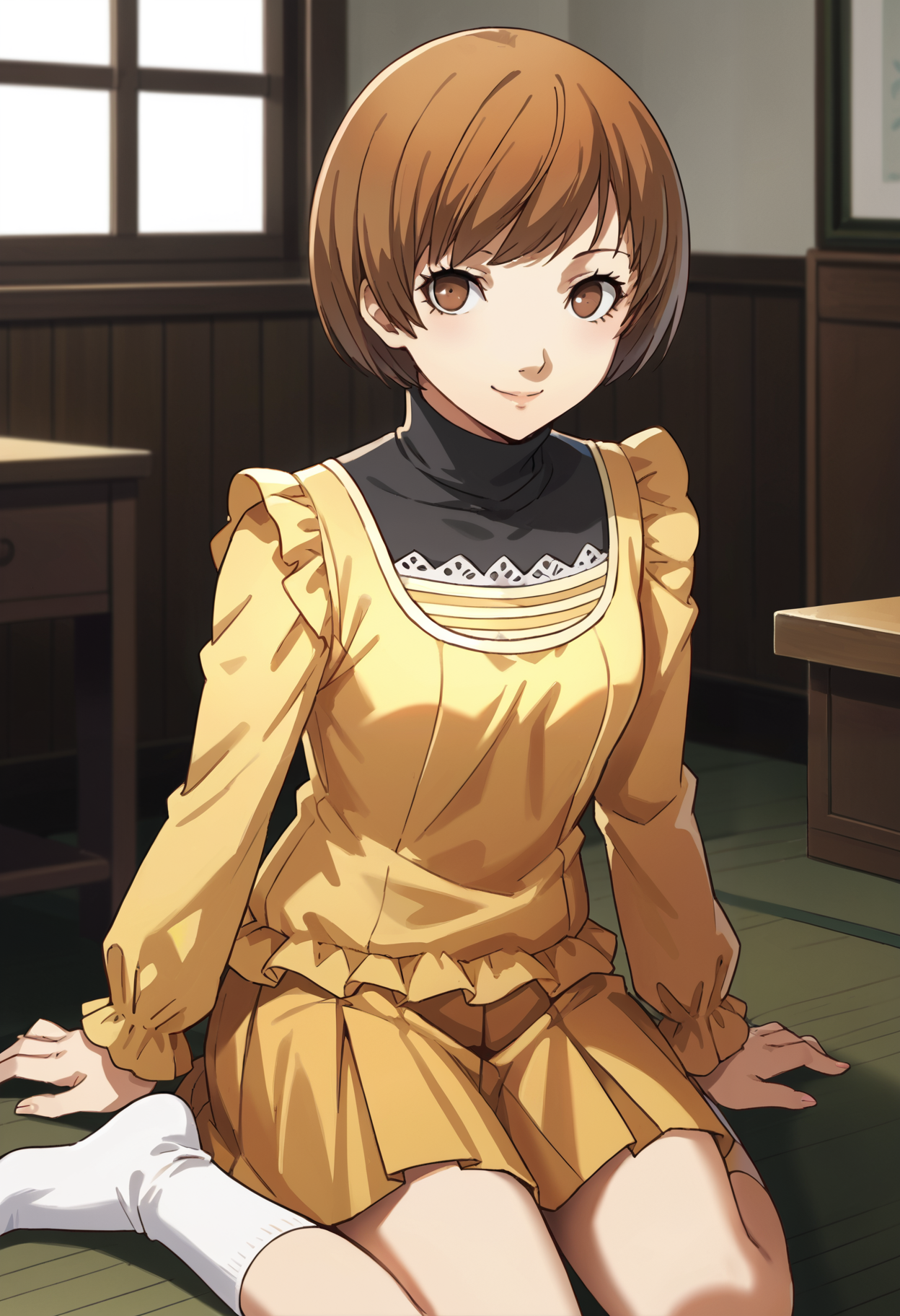 score_9, score_8_up, source_anime
1 girl, solo, cute face,
p4chie, satonaka chie, short hair, brown hair,
p4chie-wincas2, black turtleneck, long sleeves, yellow dress, long sleeve dress, ruffled dress, brown pleated skirt, calves, socks,
indoors, looking at viewer, smiling,
masterpiece, best quality, ultra detailed,