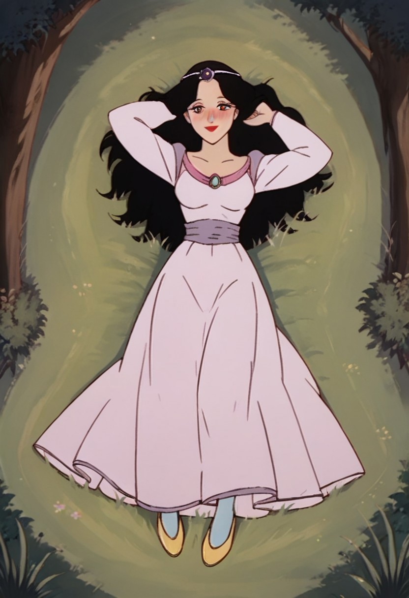score_9_up, score_8_up, score_7_up, 1980s (style), retro artstyle, source_cartoon, rating_questionable 
JetLagSnowWhite, 1girl, black hair, long hair,  lipstick, makeup, red lips, brown eyes, tiara, circlet, jewelry, gem, dress, long sleeves, pink dress, purple dress, white dress, blue pantyhose, yellow footwear, shoes
solo, solo, full body, (lying on grass), on back, arms behind head, seductive smile, looking at viewer, naughty face, nose blush, forest, tree