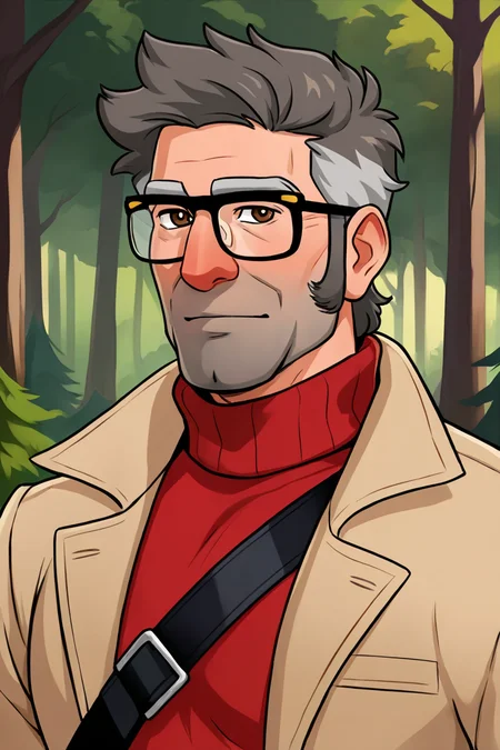 masterpiece, best quality, highres, extremely aesthetic, stanford pines, 1boy, solo, male focus, mature male, muscular male, old man, short hair, grey hair, two-tone hair, brown eyes, thick eyebrows, glasses, black-framed eyewear, facial hair, stubble, long sideburns, looking at viewer, open clothes, beige coat, trench coat, red turtleneck sweater, strap, buckle, standing, upper body, portrait, outdoors, forest, pine tree <lora:Stanford (Ford) Pines - Gravity Falls v1.0 MIX [LoRA] - NoobAI-XL EPS 1.0:0.8>