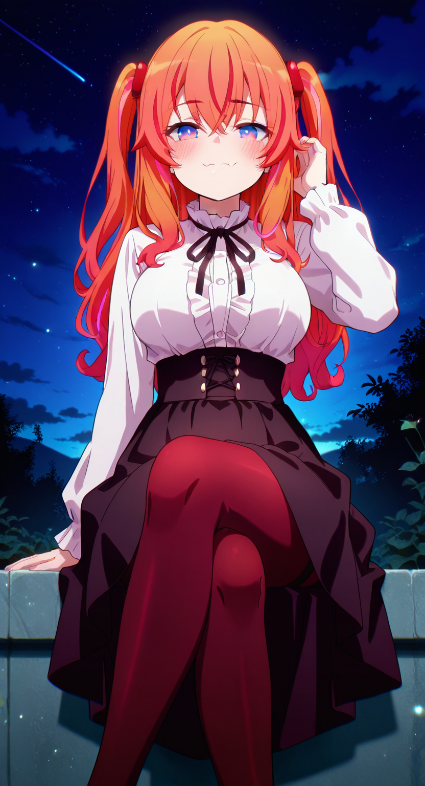 masterpiece, cute, lovely, newest, (best quality:1.3), very aesthetic, 1girl, solo, blush, (medium breasts:1.3), sagging_breasts, (trg_sain), high gradient eyes, high definition eyes, detailed eyes, eyesHD, ChopioM4kina, ong hair, orange hair, streaked hair, multicolored hair, gradient hair, two side up, sidelocks, red hair ornament, hair between eyes, crossed bangs, blue eyes, skin fang, BREAK, red highlight, mole, virgin killer outfit, white shirt, long skirt, pantyhose, slim body, big bust, blush, disgusted face, adjusting hair, outdoors, dark background, star \(sky\), cloud, light particles, glowing, firefly, looking at viewer, sitting, on_wall, crossed legs, amazing quality, highres, very aesthetic, absurdres, newest, scenery