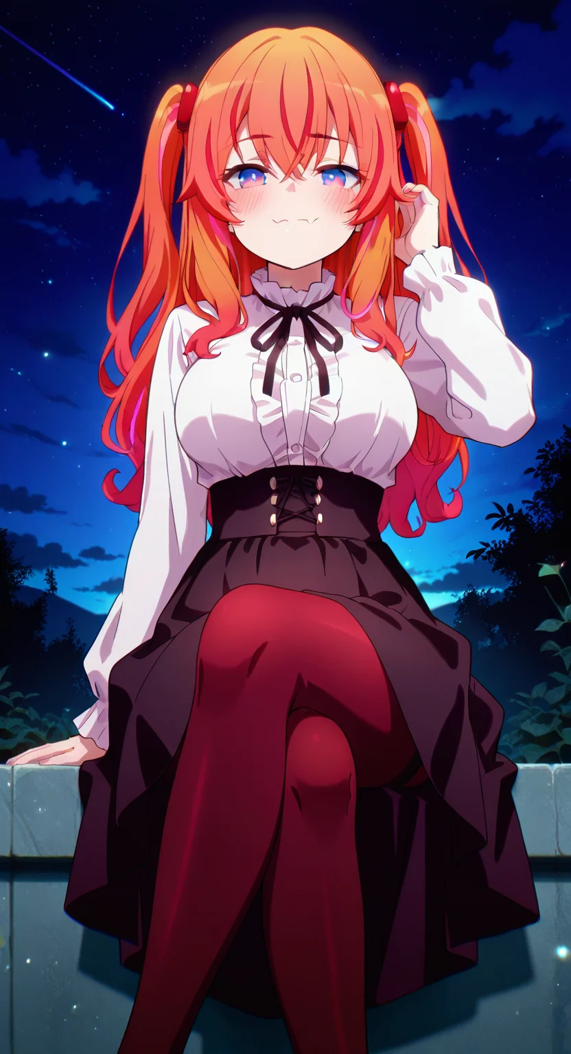 masterpiece, cute, lovely, newest, (best quality:1.3), very aesthetic, 1girl, solo, blush, (medium breasts:1.3), sagging_breasts, (trg_sain), high gradient eyes, high definition eyes, detailed eyes, eyesHD, ChopioM4kina, ong hair, orange hair, streaked hair, multicolored hair, gradient hair, two side up, sidelocks, red hair ornament, hair between eyes, crossed bangs, blue eyes, skin fang, BREAK, red highlight, mole, virgin killer outfit, white shirt, long skirt, pantyhose, slim body, big bust, blush, disgusted face, adjusting hair, outdoors, dark background, star \(sky\), cloud, light particles, glowing, firefly, looking at viewer, sitting, on_wall, crossed legs, amazing quality, highres, very aesthetic, absurdres, newest, scenery