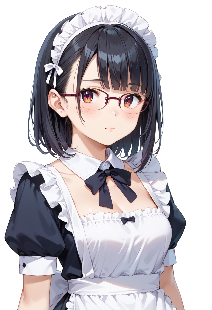 score_9, score_8_up, score_7_up, rating_safe, masterpiece, best quality, absurdres, unity 8k wallpaper, official art, official style, source_anime, uncensored, game cg, megami magazine,
1girl, solo, black hair, medium hair, upper body, covered eyes,maid, maid headdress, black dress, maid apron, face focus, 
halfrim15S, still life, white background, simple background, red-framed eyewear,
 <lora:glasses_halfrim15s_PONY_V1:1>