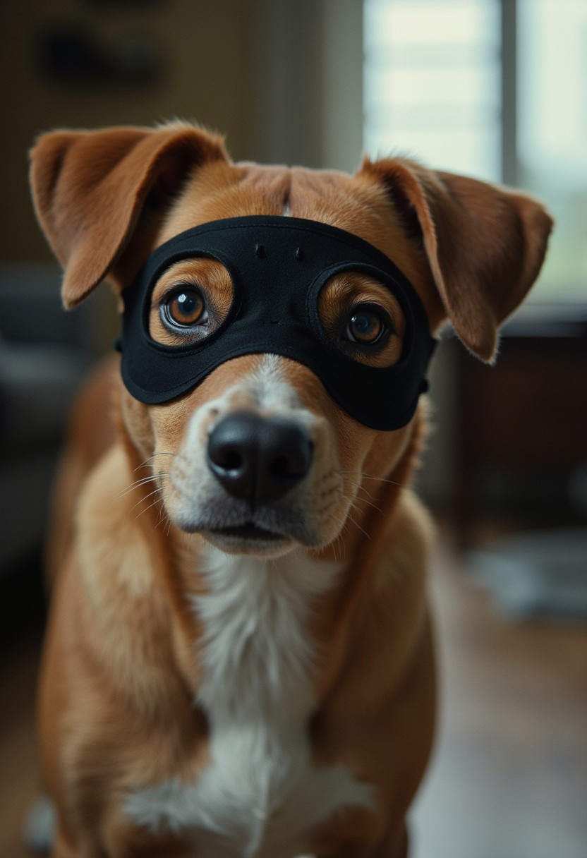 A mischievous dog in a black mask peers curiously towards the camera, its wide eyes sparkling with playful energy. The dog's snout is prominent, adorned with distinctive markings and a white patch, accentuating its adorable expression. Behind the pet, a softly lit indoor space with muted colors provides a cozy backdrop, while hints of furniture and a window suggest a playful home environment, capturing the playful spirit of the moment. cinematic_1940s cinematic_octane