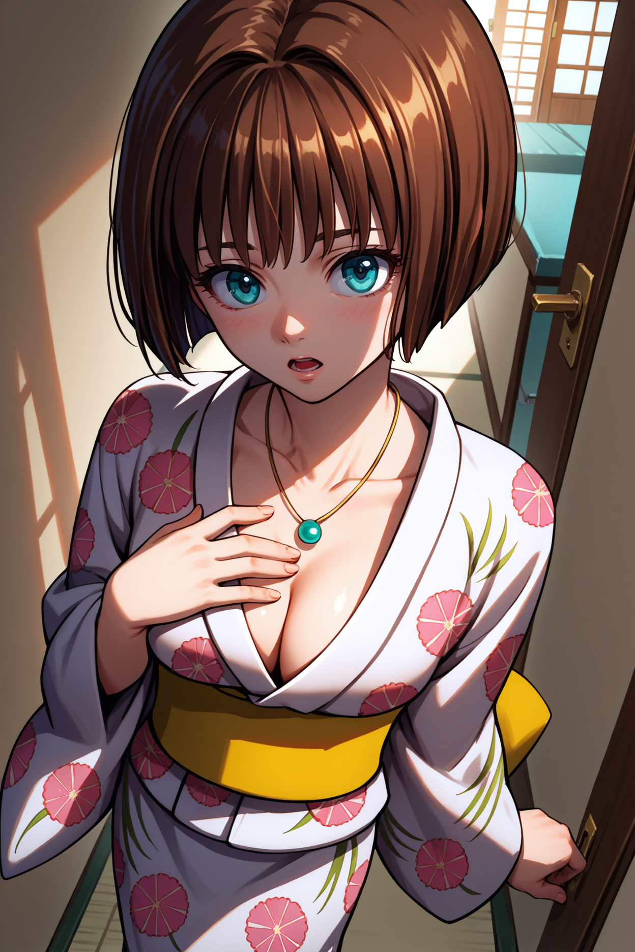 score_9, score_8_up, score_7_up, score_6_up, source_anime, 1girl, solo, <lora:minatsukisaya-pdxl-nvwls-v1-000004:1> s4ya, brown hair, bob cut, blue eyes, necklace, yukata, yellow sash, floral print, looking at viewer, cleavage, blush, open mouth, from above, hand on own chest, hallway