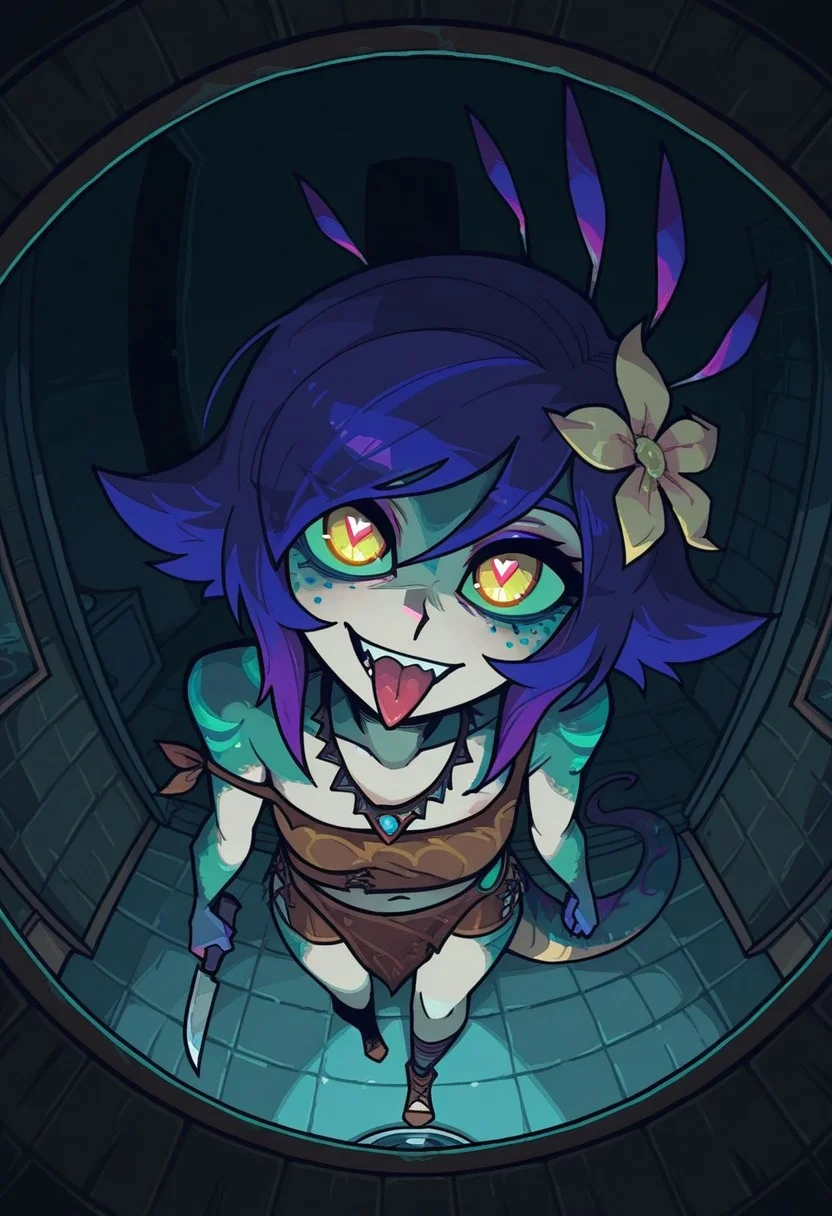 embedding:lazympos, 1girl, solo, neekoil, blue hair, purple hair, multicolored hair, hair flower, flower ornament, colored skin, bare shoulders, yellow eyes, slit pupils, lizard tail, necklace, midriff, monster girl, strap slip, loincloth, brown shorts, expressive, full body, sinister smile, head tilt, one hand holding a kitchen knife, reflective,glowing eyes, beautiful eyes, detailed eyes, glowing eyes, heart-shaped pupils, (right eye focus), one eye raised, from side, from above, wide angle, (peephole frame), (fisheye, fish eye:1.2), (psycho, obsessive, mentally insane), dynamic angle, dynamic pose, (leaning slightly forwards), threatening pose, tense, horror, indoors, hotel hallway, looking at viewer, perspective, dark hallway, dim lighting, very dark, high contrast, chiaroscuro, close up, vanripper, tongue out, tilted head,