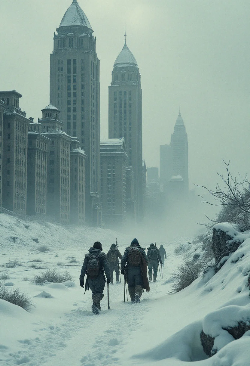 a Frozen Wasteland: Imagine a vast, frozen wasteland where the remnants of an old city are barely visible beneath layers of ice and snow. The wind howls across the desolate landscape, and the tops of skyscrapers poke out from the ice, their windows shattered and walls cracked. In the distance, a group of survivors wearing heavy furs and makeshift gear trek through the snow, dragging sleds behind them. The sky is a dull gray, and the cold seems to penetrate everything. The scene is stark, lifeless, and unforgiving, with only the survivors standing against the frozen world., ,