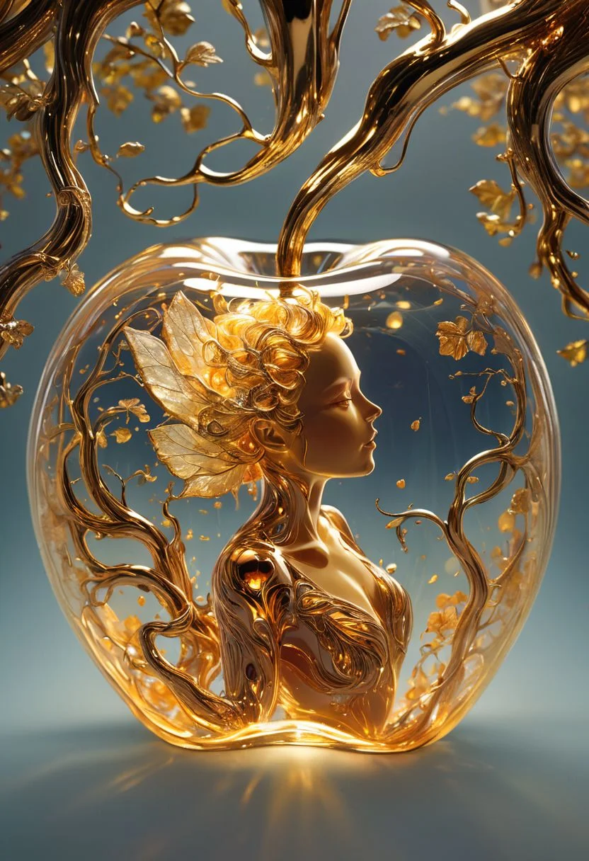 photograph, photorealistic, ultra-realistic, intricately detailed, wide angle, fine fractal glossy vivid colored shiny contours outlines of a glass apple with a ("a glowing golden flying female fairy uses her wand to transform a tree to solid gold.") inside, surreal, gradient, windy,  petals floating on the wind, swirling ribbons of ink and light. linquivera, liiv1
