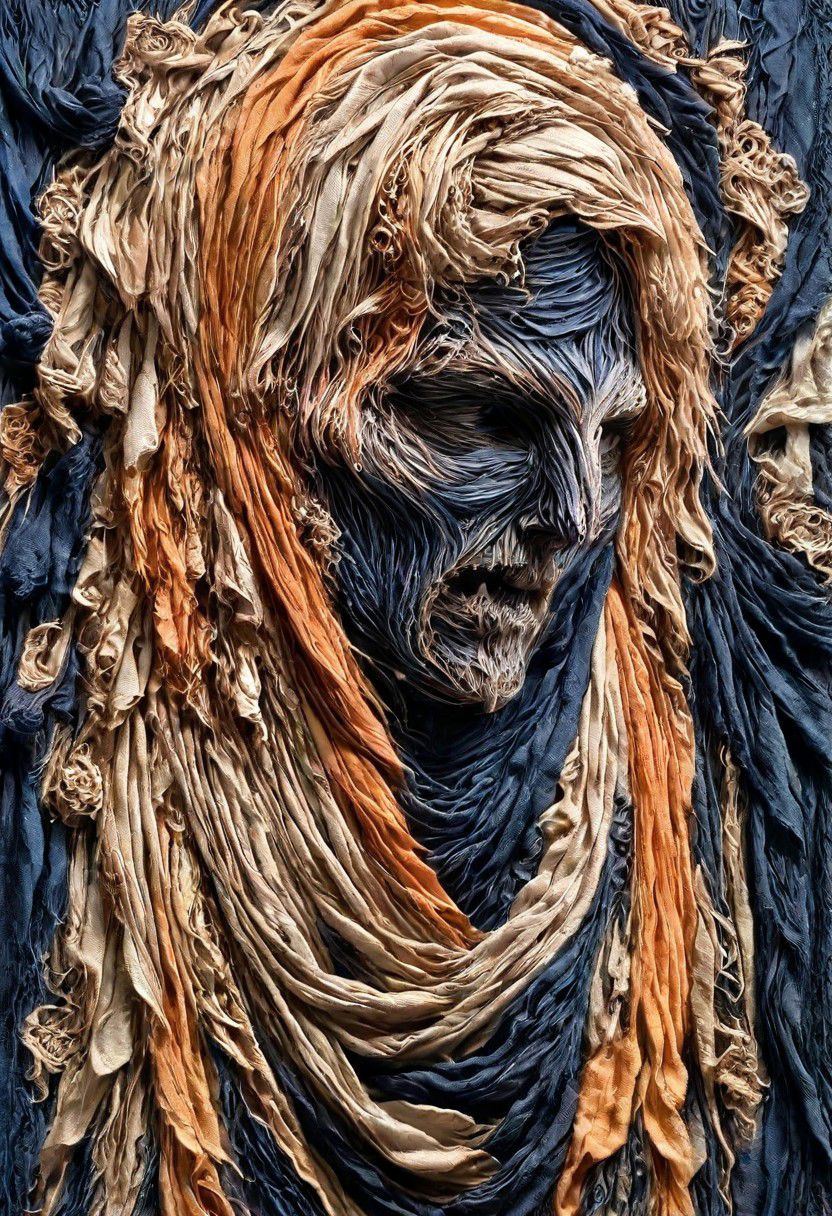 RAW closeup photo, vampire, macro shot,( dark blue, orange, gold,  embroidery scarf), masterpiece, colorful details, golden threads embroideries, award winning, high detailed, 8k, natural lighting, analog film, amazing composition, intricate details, subsurface scattering, vellus gold hairs, amazing textures, soft light