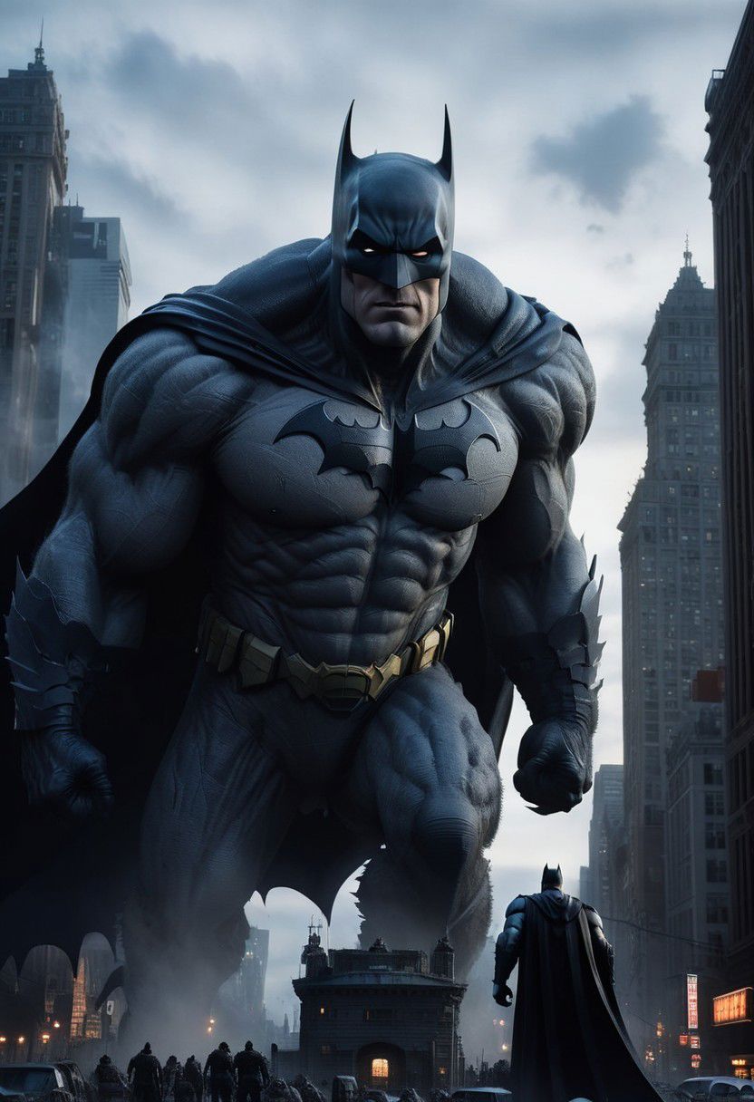 Colossus Batman in city , high quality, detailed background, 8k,35mm ,detailed face,  detailedeyes,