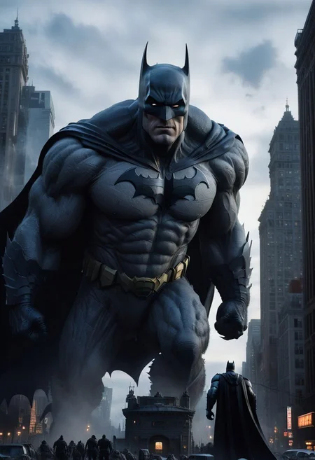 Colossus Batman in city , high quality, detailed background, 8k,35mm ,detailed face,  detailedeyes,