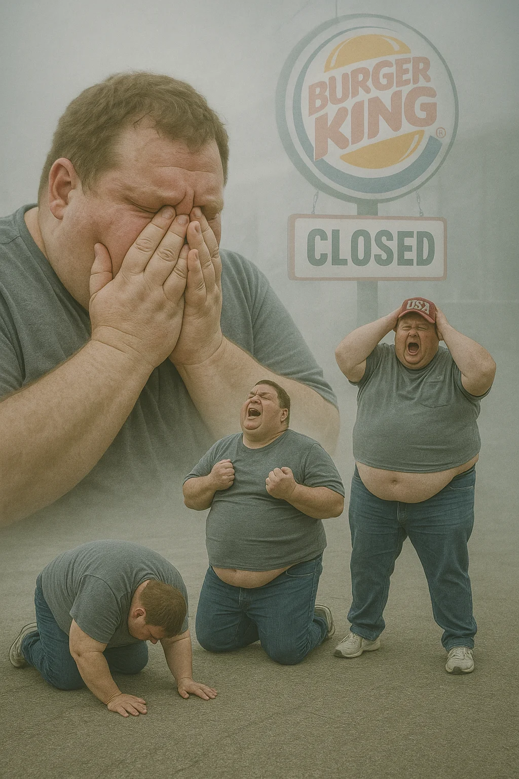 A surreal, satirical scene of a morbidly obese man in various dramatic poses of emotional breakdown, set in a gray, undefined dreamlike void. The background is foggy and desaturated, resembling a vague open space like a beach or deserted lot, with no clear landmarks. The man appears in multiple overlaid, ghostly positions using double exposure effects: in one pose, he’s collapsed on his knees screaming to the sky; in another, he’s face-down on the ground pounding the dirt; in another, he’s standing frozen with a look of shock holding an empty fast food bag. The man is dressed in stereotypical American casualwear—ill-fitting cargo shorts, stained T-shirt, baseball cap, and sneakers. His exaggerated body shape and expression parody gluttonous excess and overreaction. A large, semi-transparent overlay in the foreground shows him sobbing with a crumpled Burger King bag. Floating beside him in the foggy background is a glowing Burger King logo with a red neon “CLOSED” sign across it. The color grading is muted blues and grays, with soft lighting, mild vignette, and slight atmospheric blur. The entire image mocks melodramatic breakdowns with a layer of absurd, dark American consumerist satire. No text or captions included.