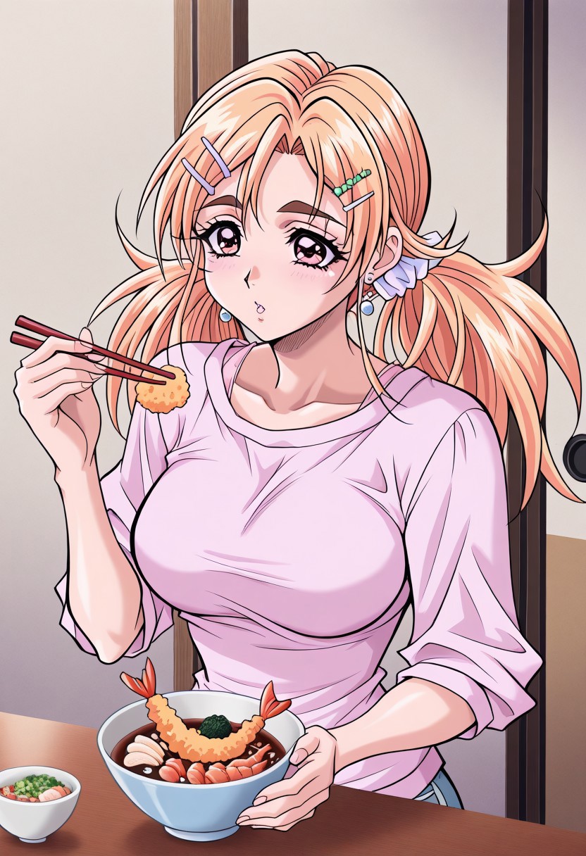 masterpiece, best quality, newest, highres, uncensored, 1girl, yokota mamoru style,1girl,
Yamazaki Kanna，Blonde Hair, Long Hair, Parted to Side, Shoulder-length Hair, Twin Tails, Tareme eyes,pink eyes, Slim
1girl, solo, tempura, food, shrimp tempura, chopsticks, hair ornament, shrimp, twintails, hairclip, jewelry, brown eyes, bowl, earrings