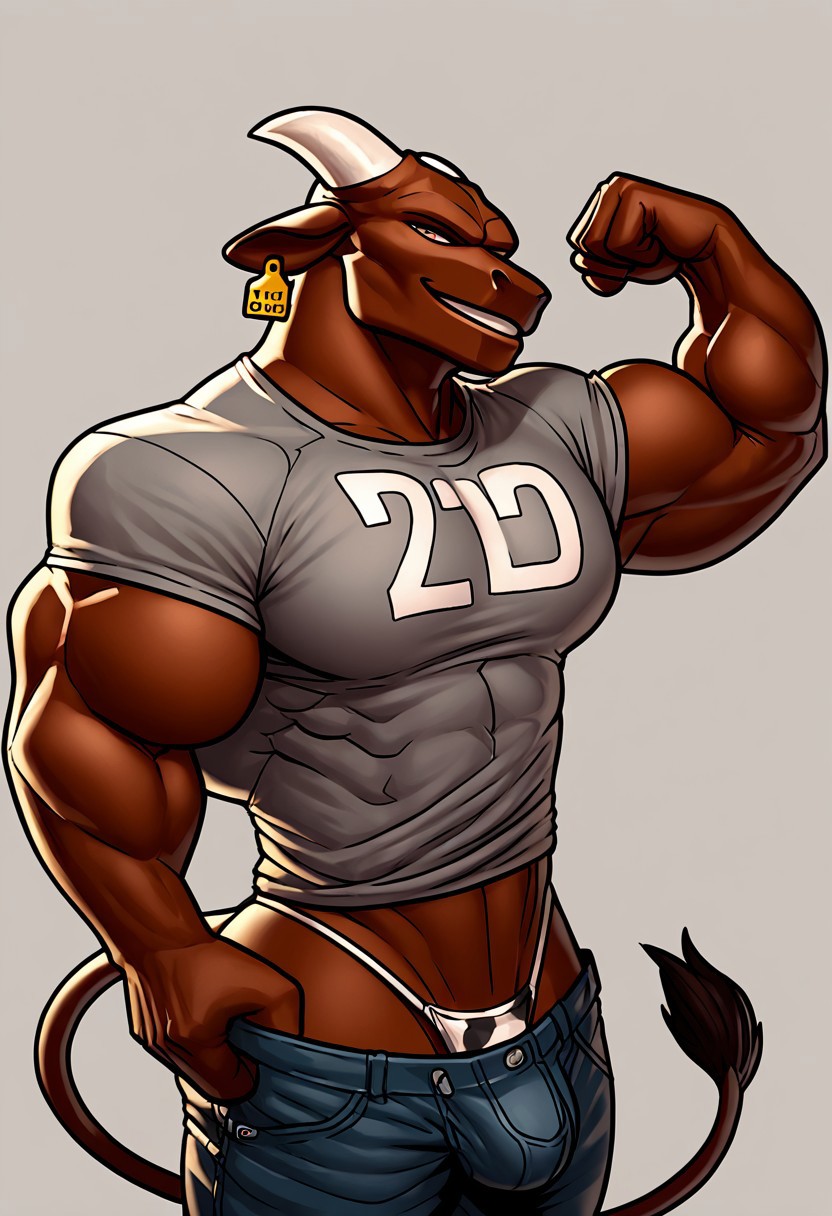 score_9, score_8_up, score_7_up, score_6_up, score_5_up, 1male, solo, breasts, tail, white horns, cow tail, cow ears, ear tag on cow ear,large_breasts, smile, looking_at_viewer, black_background, curved demon_horns, simple_background, pecs, head_tilt, cowboy_shot, bangs, shirt, standing,  half lidded eyes, bara, muscular, muscles, pecs, thong, bulge, gray t-shirt, flexing muscles, brown body,
