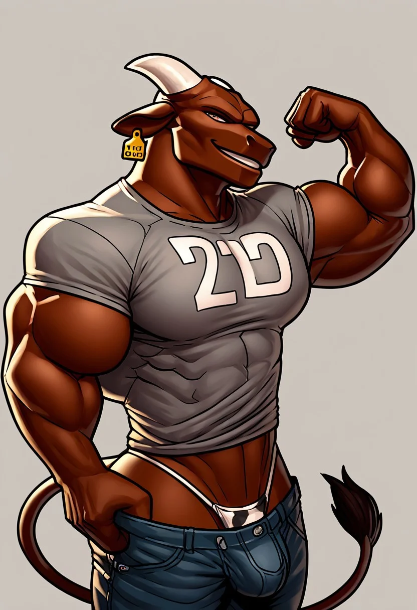 score_9, score_8_up, score_7_up, score_6_up, score_5_up, 1male, solo, breasts, tail, white horns, cow tail, cow ears, ear tag on cow ear,large_breasts, smile, looking_at_viewer, black_background, curved demon_horns, simple_background, pecs, head_tilt, cowboy_shot, bangs, shirt, standing, half lidded eyes, bara, muscular, muscles, pecs, thong, bulge, gray t-shirt, flexing muscles, brown body,