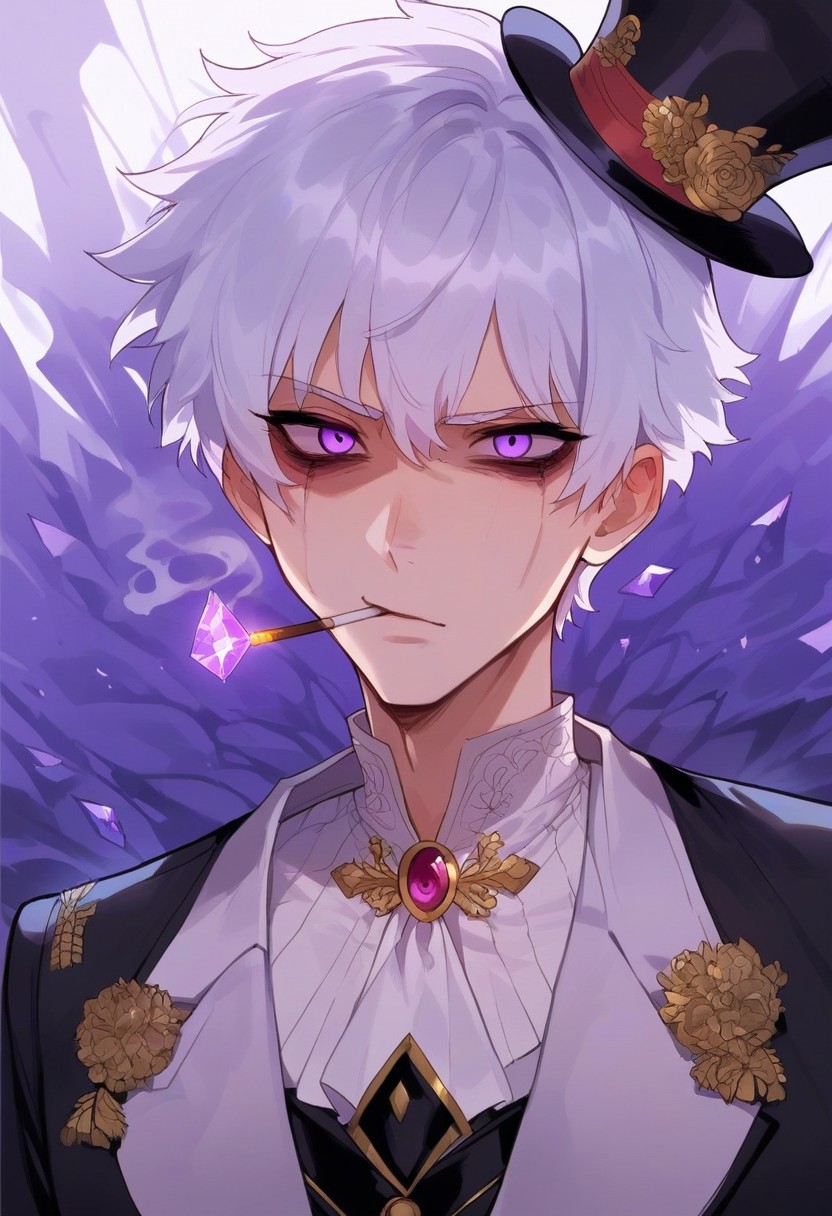 score_9, score_8_up, score_7_up, score_6_up, one anime style,1 boy, 20 year old, attractive, masterpiece, best quality, short white hair, purple tux with top hat, clear purple eyes, high detailed eyes, ice shards, purple glow, misty, smoking coming from mouth, dead eyes