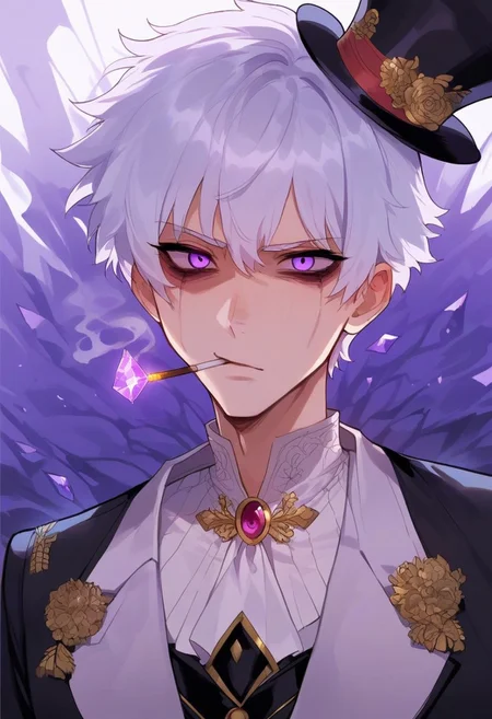 score_9, score_8_up, score_7_up, score_6_up, one anime style,1 boy, 20 year old, attractive, masterpiece, best quality, short white hair, purple tux with top hat, clear purple eyes, high detailed eyes, ice shards, purple glow, misty, smoking coming from mouth, dead eyes