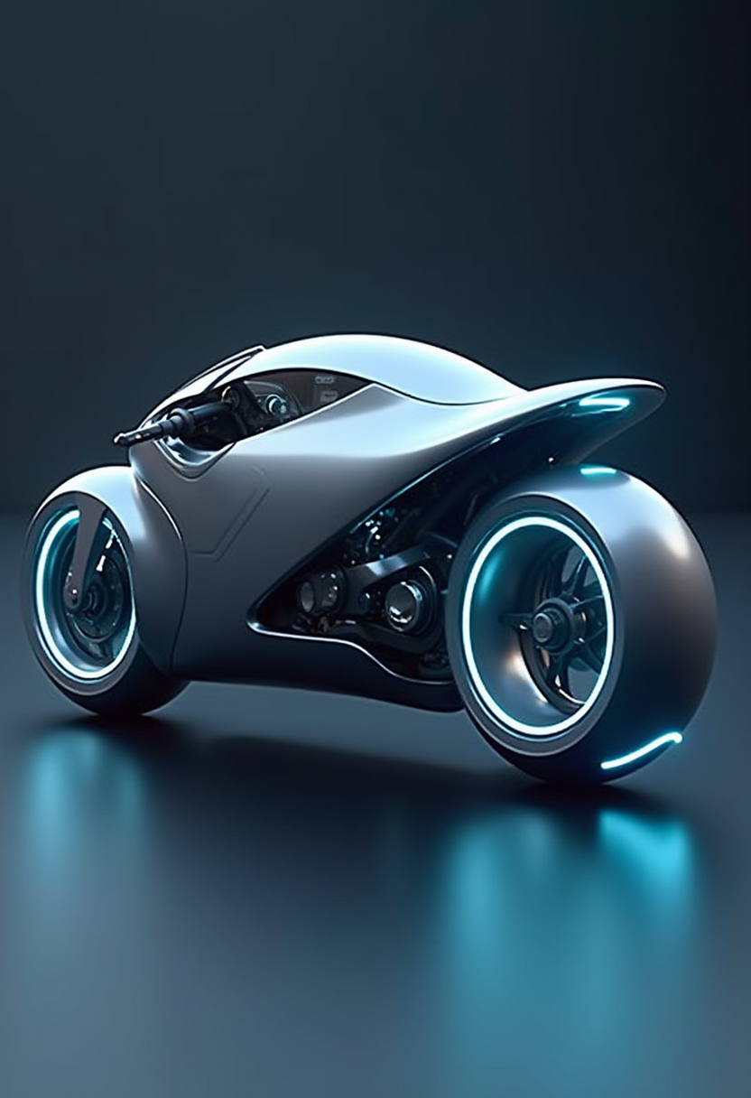 A sleek, futuristic motorcycle gleams with aerodynamic design. Its slender, silver body curves elegantly, with glowing blue accents tracing the frame. Retractable handlebars and a minimalist dashboard enhance the streamlined appearance. The bike's hubless wheels, adorned with glowing rims, seem to float, evoking weightlessness. Neon-lit, pulsing lines along the spine illuminate the vehicle's advanced technology, hinting at incredible speed and agility.