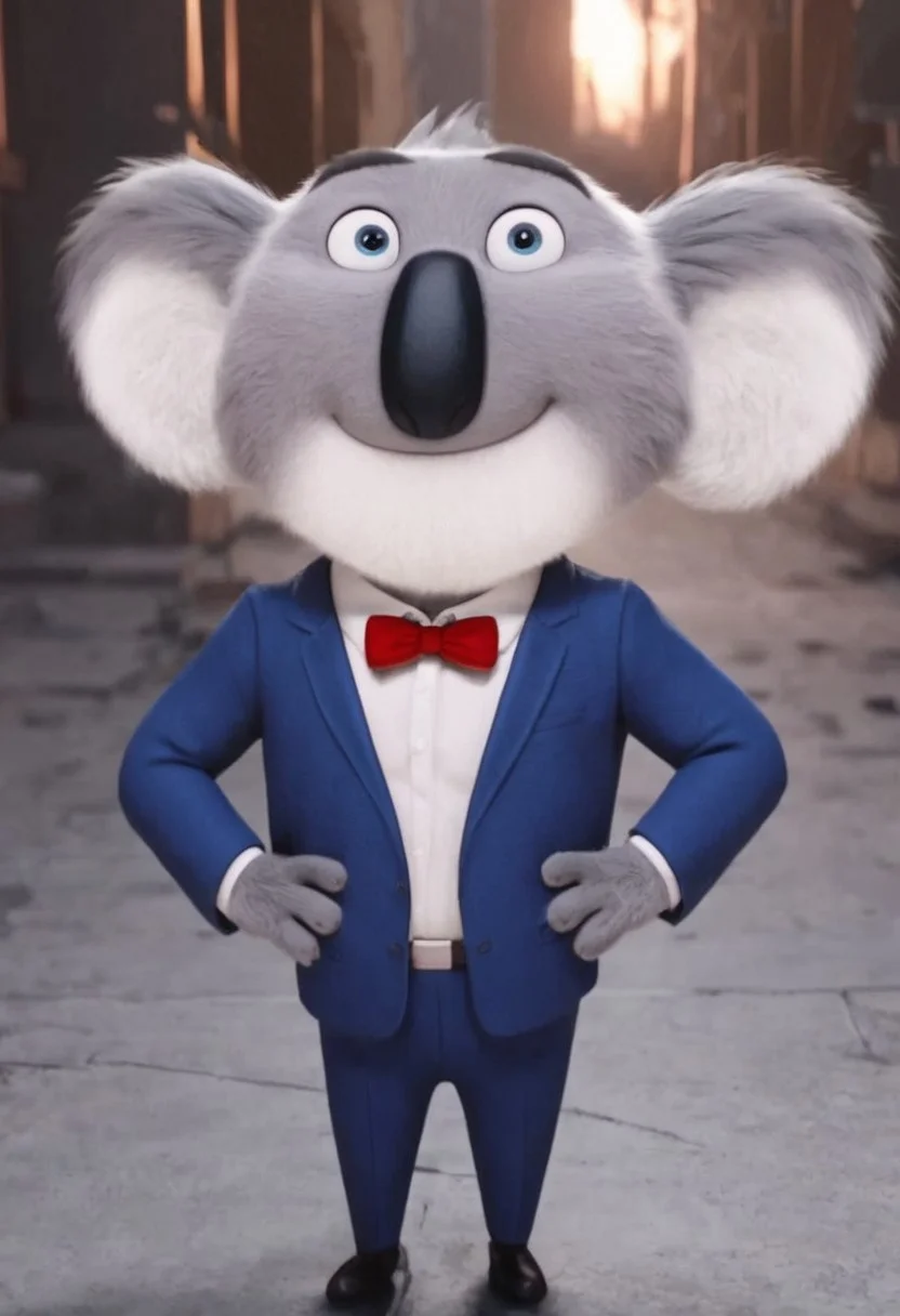 score_9, score_8_up, score_7_up, score_6_up, score_5_up, score_4_up, mrmoon, koala, furry, male, 3D, cgi, gray fur, black nose, blue eyes, round ears, black eyebrows, shortstack, smile, cute, standing, red bowtie, blue suit jacket, looking at viewer, four fingers, hands on hips, closed mouth, gray fur, white fur, white shirt, blue pants, best quality, official screenshot, 4K, asburd res, masterpiece, perfect, movie accurate,