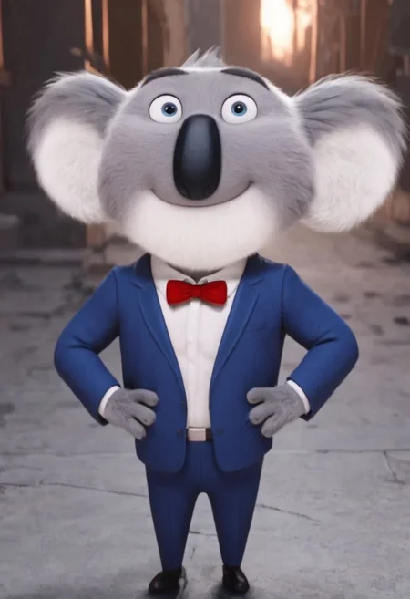 score_9, score_8_up, score_7_up, score_6_up, score_5_up, score_4_up, mrmoon, koala, furry, male, 3D, cgi, gray fur, black nose, blue eyes, round ears, black eyebrows, shortstack, smile, cute, standing, red bowtie, blue suit jacket, looking at viewer, four fingers, hands on hips, closed mouth, gray fur, white fur, white shirt, blue pants, best quality, official screenshot, 4K, asburd res, masterpiece, perfect, movie accurate,