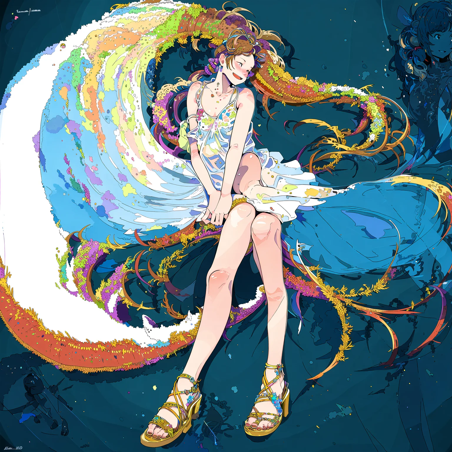 (highres, best quality, masterpiece:1.2), (realistic, photo-realistic:1.37), dark background, simple background,
(1girl, solo, full body), (slim girl:1.2), (slim legs:1.4), small breasts, open mouth, white hair:1.2, low twintails, swimsuit, bikini, sandals, sitting,