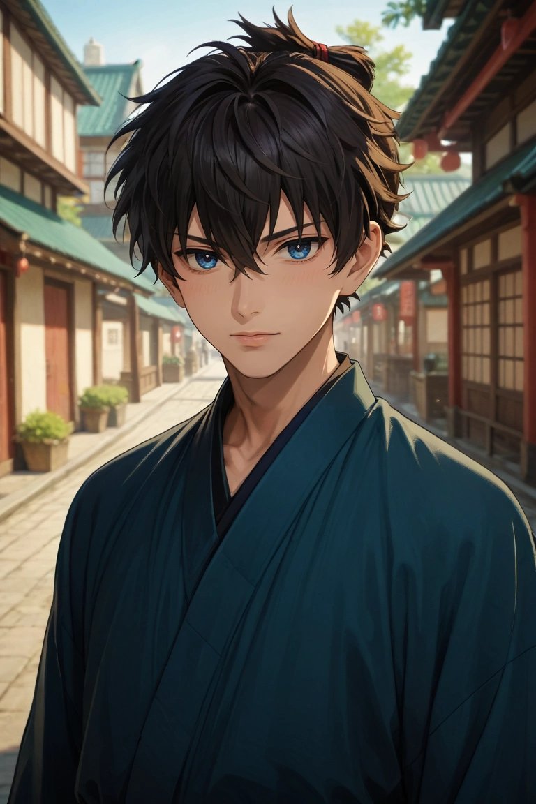 score_9, score_8_up, score_7_up, source_anime, rating_safe, , , , depth of field, 1boy, solo, male focus, <lora:miyamoto_iori_pony:0.98>, miyamoto_iori, black hair, blue eyes, short hair, bangs, hair between eyes, topknot, blue kimono, , , <lora:sdxl_lightning_8step_lora:1>