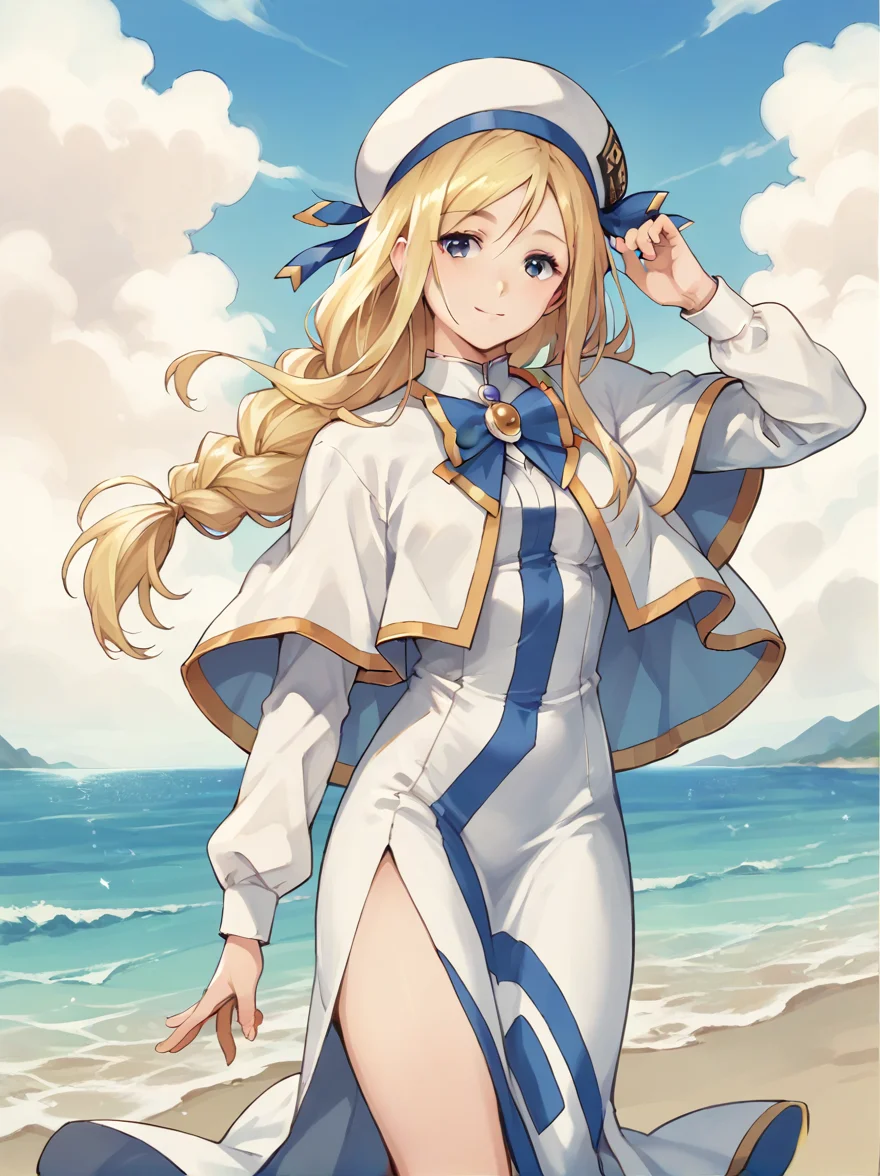 score_9, score_8_up, score_7_up, score_6_up, score_5_up, 1girl, solo, 
<lora:Alicia Florence PDXL v2:0.7>, alicia, 
alternate costume, beret, blouse, bowtie, capelet, brooch, side slit, long sleeves, dress, 
light smile, ocean,
