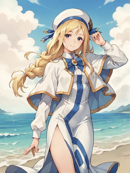 score_9, score_8_up, score_7_up, score_6_up, score_5_up, 1girl, solo,
<lora:Alicia Florence PDXL v2:0.7>, alicia,
alternate costume, beret, blouse, bowtie, capelet, brooch, side slit, long sleeves, dress,
light smile, ocean,