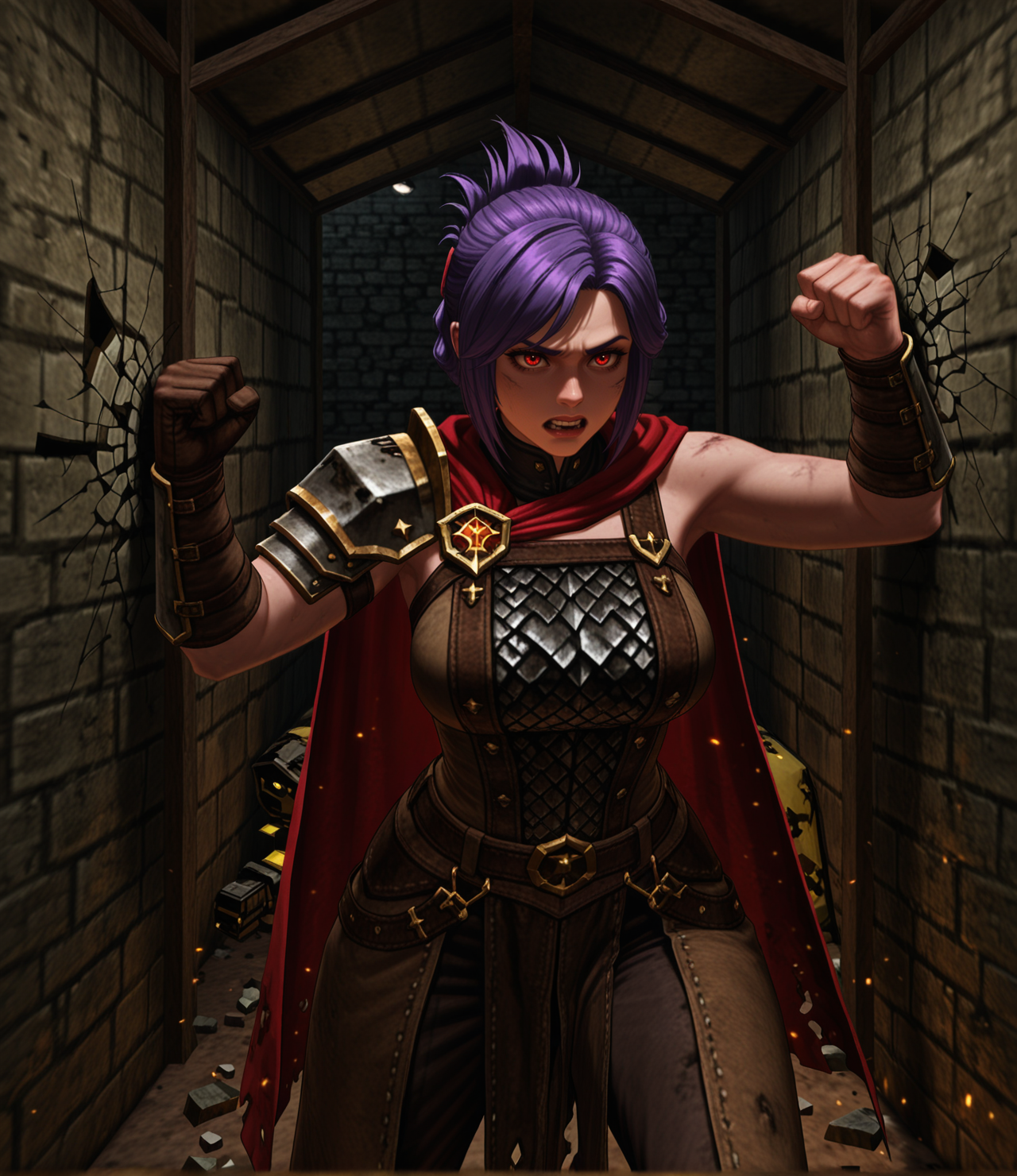 kingpin, realistic, masterpiece, best quality, amazing quality, very aesthetic, absurdres, newest, rim lighting, dramatic shadows, (action pose:1.2), (facing wall:1.2), 1girl, sabia, human, purple hair, red eyes, folded ponytail, armor, single shoulder armor, cape, single bare shoulder, clothed, large breasts, punching cracked stone wall, dust burst, broken bricks, frustration, dramatic emotion, dim torchlight, worn battlefield tent wall, cinematic intensity, <lora:dmd2_sdxl_4step_lora:1>, <lora:Kingpin_-_Life_of_Crime_Style_1.2_ILXL-000010:1>, <lora:KOD_dtv5r__for_Illustrious_v0.1__Adafactor:0.34>