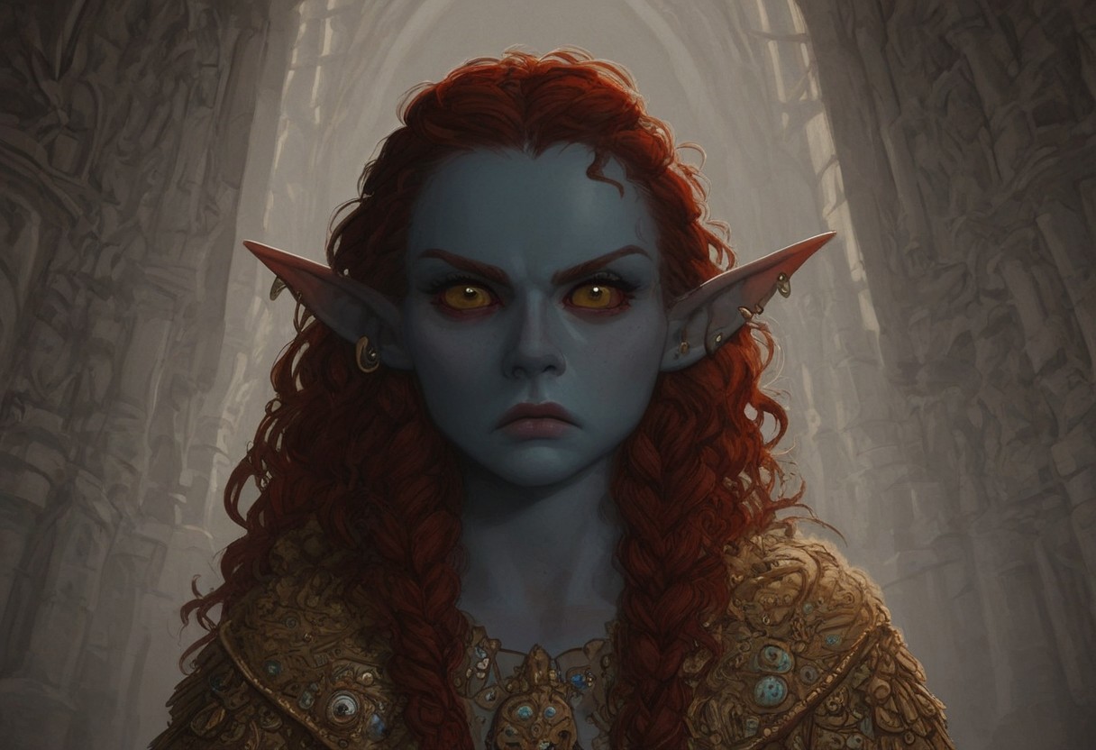 solo, short pointy ears, piercings, random elf face, aquiline features, female dark elf, brow rings, nose rings, beaded piercings, weathered skin, large nose, insect chitin armor, insect chitin helmet, insect chitin ornaments, stylized insect pattern, athletic build,  animated realism, zoomed out, Syrian features, torso, brass pipes and gears, intricate architecture, dwarven masonry, dwemer fixtures, white-green light, gloomy lighting, ancient ruins, interior, stone tiled floor, grey-blue skin, mahogany and ivory clothes, medium armor, bone plate armor, ivory straps and fittings, alien bone ornaments, grey wood neckguard, deep red sclera, black pupils, blue-green light, neon, highly detailed, defined features, looking at viewer, three quarters view, from above, dynamic lighting, 36 years old, light and shadows, patterned cloth, annoyed expression, expressive eyes, detailed medieval clothes, medium_breasts, very long hair, wavy hair, thick hair, beaded hair, braided hair, under cut hair, semirealistic, alien elf, spanish features, jewish features, dark red hair, umber skin, sharp features, pastel green inuit print cloak, nighttime, high detail, absurdres, pretty eyes, detailed eyes, yellow eyes,