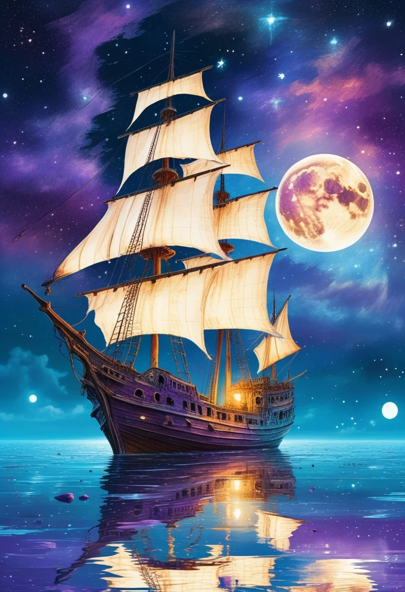 (a drawing of a ghost ship in a stylized design, torn white sails:1.3), (Ocean, still water, water reflection, reflective water, night sky, moon, stars, galaxy), (purple theme:1.4, extremely detailed, high detail, hires textures, incredibly detailed, intricate details, masterpiece, colorful comic, murals)