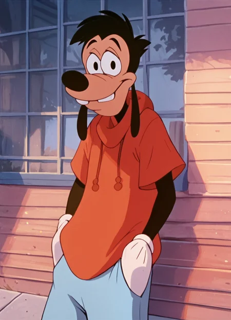 <lora:MaxGoofPony1.0:1.0>max, dog nose, male focus, animal ears, 1boy, solo, black hair, red hoodie, black eyes,teeth, white gloves, blue pants, score_9, score_8_up, score_7_up, score_6_up, score_5_up, score_4_up, looking at viewer, hands in pockets, outdoors,