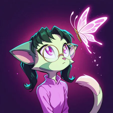 Dreamkeepers,1girl,prelude_lilith,solo,furry,cat tail,green hair, source_furry,glasses,magenta eyes,
masterpiece, child, kid,
stylized, in soft warm hues, ethereal neon glow,, looking up at a floating butterfly, dreamy and surreal masterpiece, best quality, amazing quality, very aesthetic, absurdres, detailed eyes, newest,
