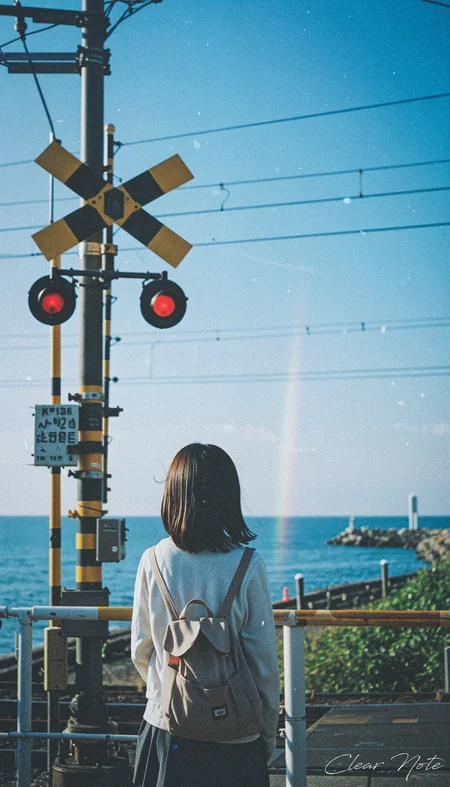 Japanese Culture Style, Emotional Photos, 35mm film, soft focus, Back view of a young Japanese woman waiting at a train crossing, blue sky, Seaside,