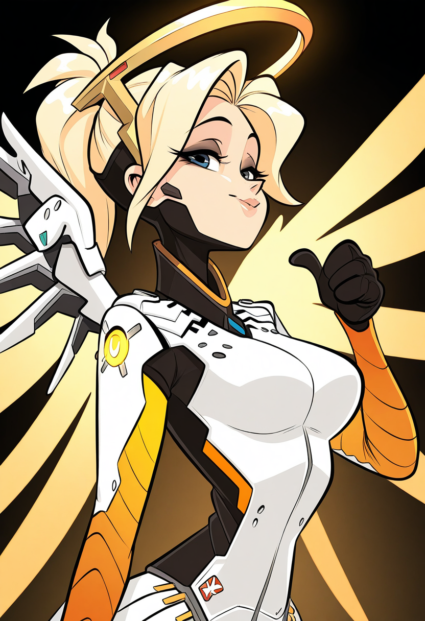 kricfalusistyle, masterpiece, best quality, solo,                                                                                                                               mercy from overwatch, blonde,  golden glowing halo, wings, side angle, mascara, bust, armor, thumbs up, 