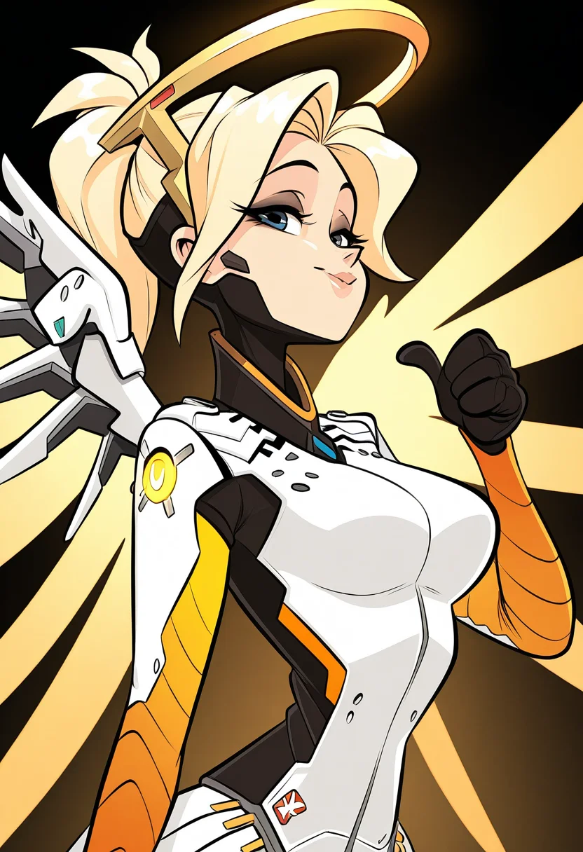 kricfalusistyle, masterpiece, best quality, solo, mercy from overwatch, blonde, golden glowing halo, wings, side angle, mascara, bust, armor, thumbs up,