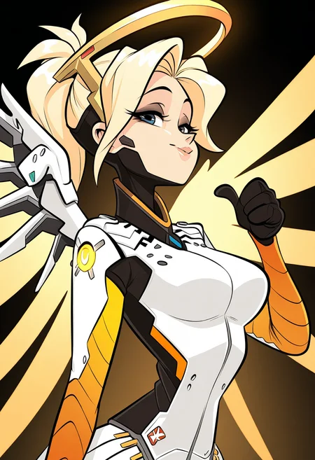 kricfalusistyle, masterpiece, best quality, solo, mercy from overwatch, blonde, golden glowing halo, wings, side angle, mascara, bust, armor, thumbs up,