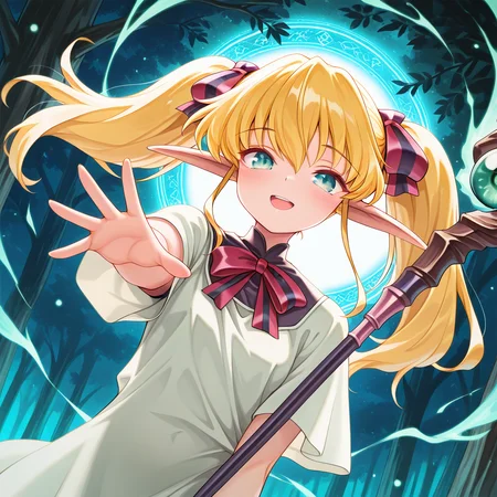 1girl,solo,<lora:IL_Collet_Brause_Pastel_Chime:1>,pc_cb,Collet Brause,elf,pointy ears,blonde hair,twintails,hair ribbon,sidelocks,
dutch angle,foreshortening,fantasy,looking at viewer,outdoors,
bowtie,bike shorts,school dress,
long staff,holding staff,blush,head tilt,open smile,feet togeher,body showing through clothes,(backlighting:1.3),body visible through clothes,upper body,profile,darkness,light particles,bloom,magic effect,casting spell,wind magic,close-up of face,outstretched hand,spread fingers,from side,, masterpiece,best quality,amazing quality,very aesthetic,absurdres,
